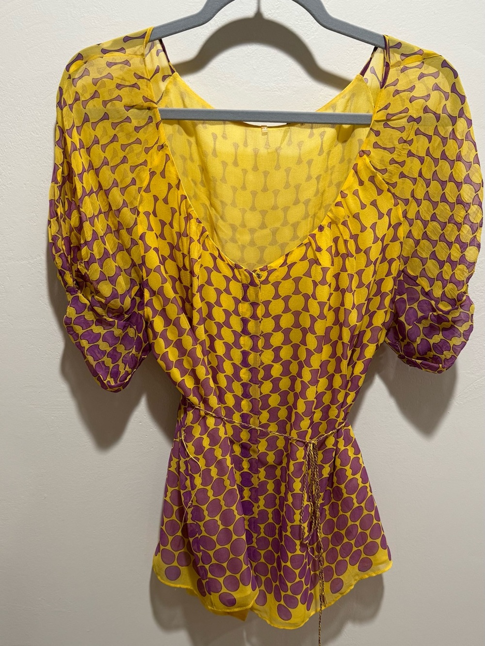 Elie Tahari Silk Sheer Puff Sleeve Blouse Tie Waist Yellow Purple Y2K Boho Top